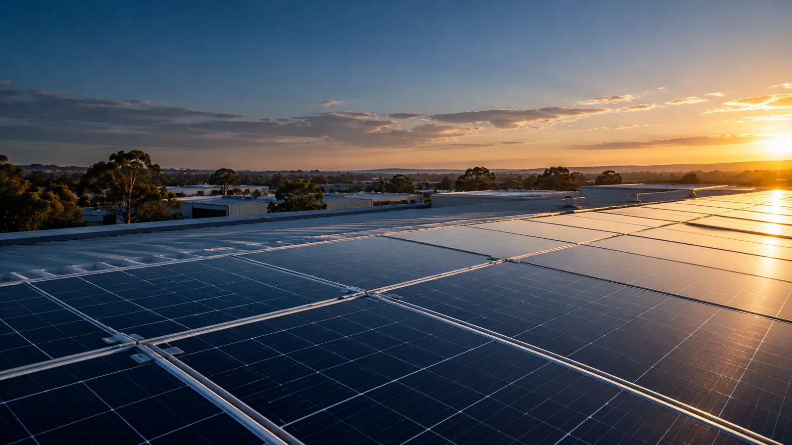 Solar panels in warm morning light — bespoke illustrative visual